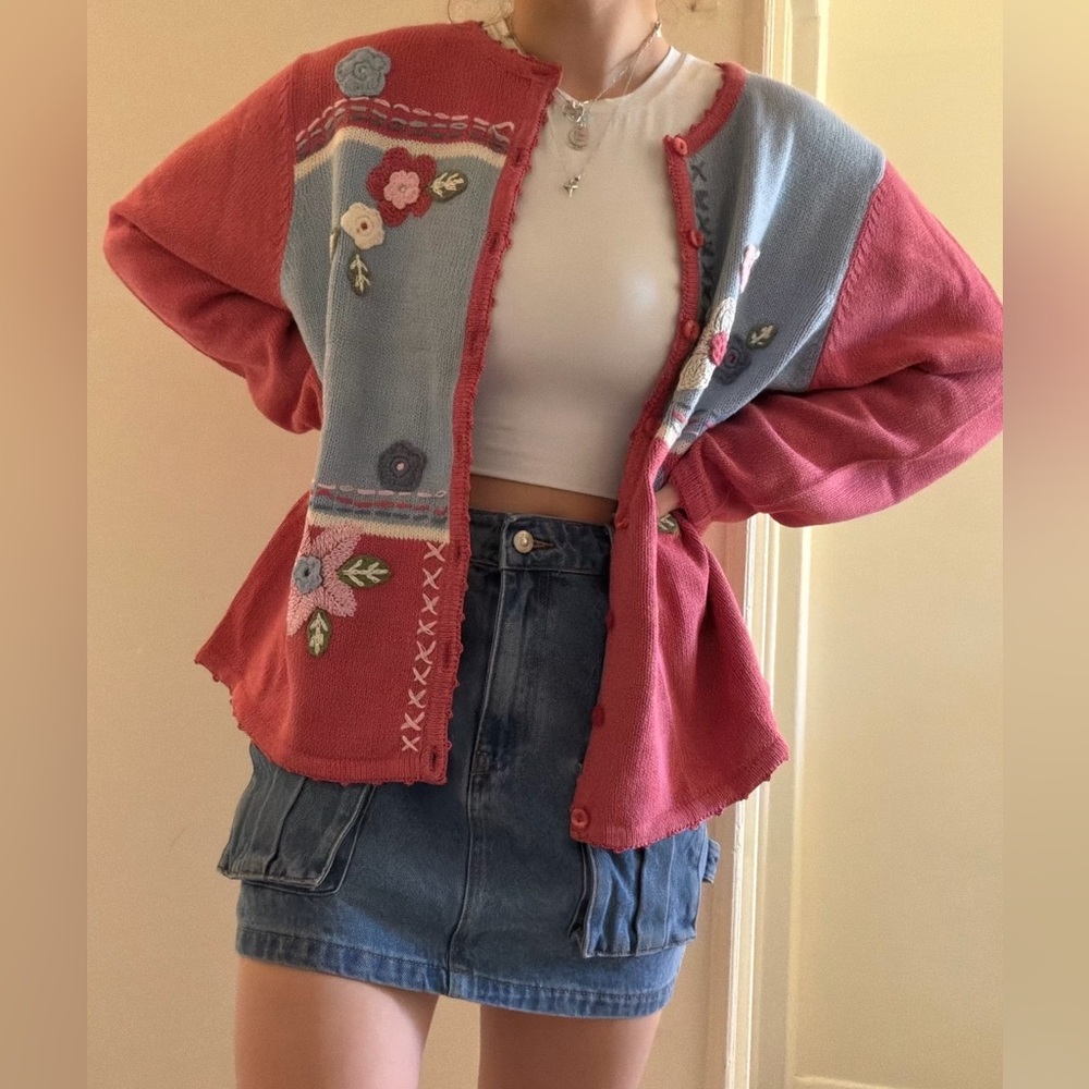 Haband Pink and Light Blue Floral Embroidered Cardigan
